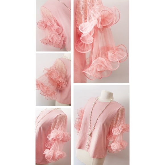 Pink Lace Tulle Flutter Sleeves Pretty Tee T Shirt - Picture 3 of 8